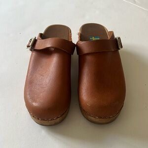 Mia brown leather wooden clogs with adjustable heel strap